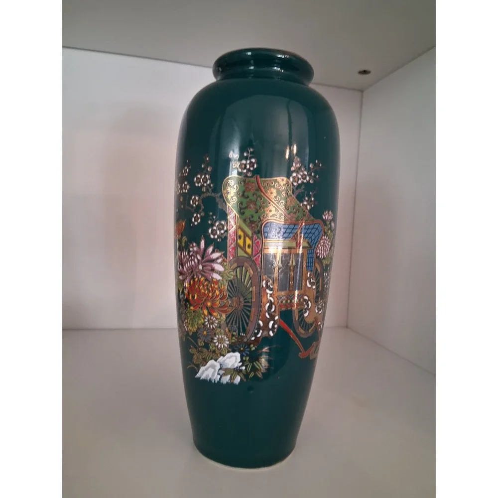 Vintage Japanese Teal Green Porcelain Vase Gold Imperial Carriage Floral 8in